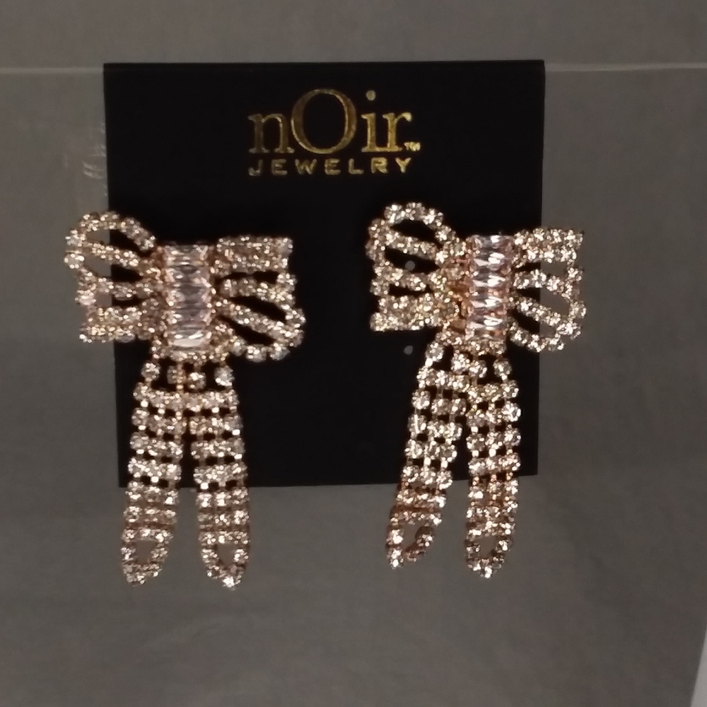 Dangle Bows Gold Tone Pierce Earrings Clear Rhinestones  by Noir
